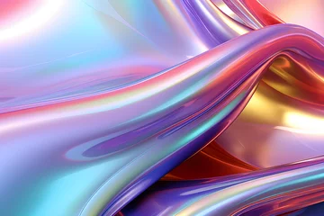 Rolgordijnen 3D abstract colourful iridescent chrome background with waves © Sarah