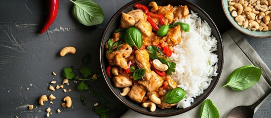 Thai-inspired overhead view of a dish with chicken, cashews, rice, and herbs.