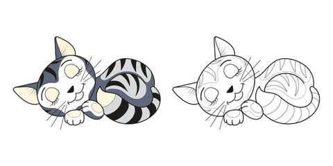 Funny sleeping cute cat line and color. The illustration is done by hand in a cartoon style.