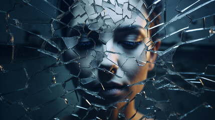 Gesicht einer Frau spiegelt sich in den Scherben eines zerbrochenen Spiegels. Unheilvolle Atmosphäre. Abstrakte surreale Illustration in kühlen gedeckten Farben - obrazy, fototapety, plakaty