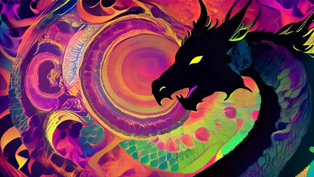 A black dragon tilting its head in front of a colorful, intricate background resembling fireworks of light
