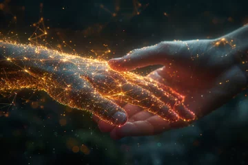 Foto op Canvas Technology cosmic handshake between a human and artificial intelligence robot © Aurora Blaze