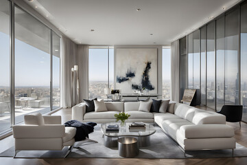 modern living room interior, Penthouse Oasis: Contemporary Living Bathed in Natural Light
