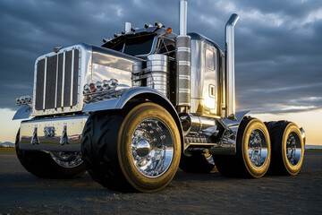 Majestic Custom Semi Truck at Sunset on an Open Field - obrazy, fototapety, plakaty
