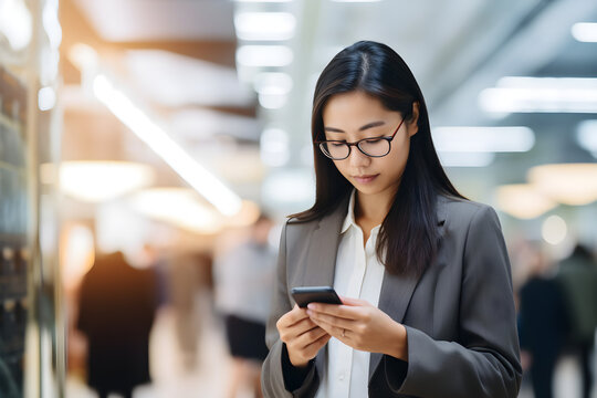 young Asian businesswoman using smartphone in office