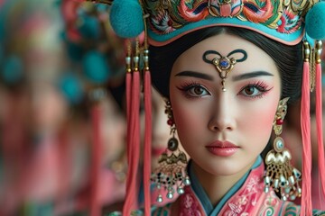 Obraz premium Traditional Chinese Opera Performance: Asian Woman Dressed in Oriental Colorful Costume