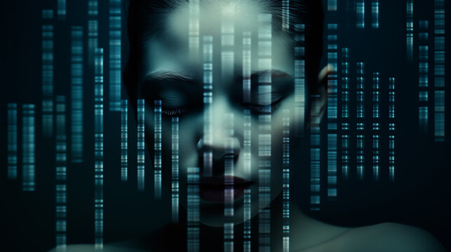 Gesicht einer nachdenklichen Frau mit DNA-Code Analyse. Augen geschlossen / Blick gesenkt. Bedr&uuml;ckte Stimmung. Illustration in dunklen Farben. 