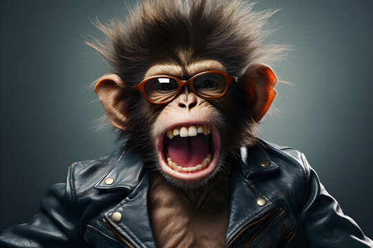 funny studio portrait of monkey wearing leather jacket