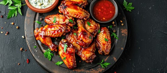 Chicken wings with barbecue and blue cheese sauce on a dark, rustic concrete table.