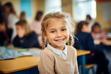 Portrait of student girl smiling in class at the elementary schoolPortrait of student girl smiling in class at the elementary school
