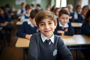 Fototapeta premium Portrait of student boy smiling in class at the elementary school