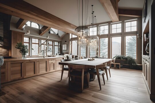 Stunning kitchen dining room in new high-end house with pendant lights, wood cabinets, beams,   island. , .highly detailed,   cinematic shot   photo taken by sony   incredibly detailed, sharpen detail
