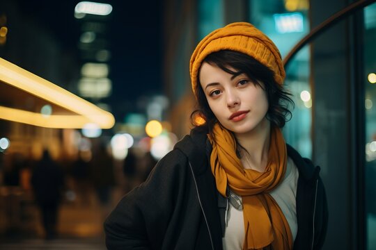 young beautiful hipster woman in the city at night, lifestyle people concept