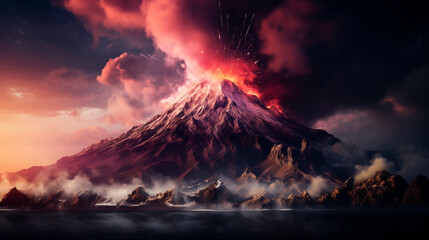 Powerful volcanic eruption. Lava going down