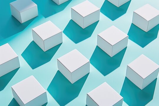 A group of white cubes on a blue surface.