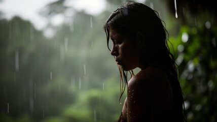 Woman from an indigenous Amazon tribe stands in the rainforest while it rains, ai generative 