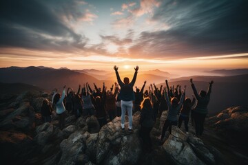 Peak triumph: silhouettes a top mountain, joyous group celebrates team success , embodying shared victories, harmonious collaboration, euphoria of collective achievement in nature's majestic embrace.