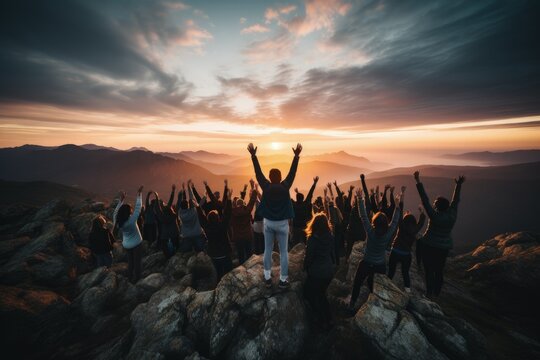 Peak triumph: silhouettes a top mountain, joyous group celebrates team success , embodying shared victories, harmonious collaboration, euphoria of collective achievement in nature's majestic embrace.