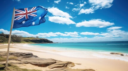 The australian flag flies on the clean and beautiful island beach, in the clear day with a cloudy...