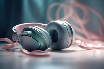 Pastel backdrop with headphones laid flat. , .highly detailed,   cinematic shot   photo taken by sony   incredibly detailed, sharpen details   highly realistic   professional photography lighting   li - obrazy, fototapety, plakaty