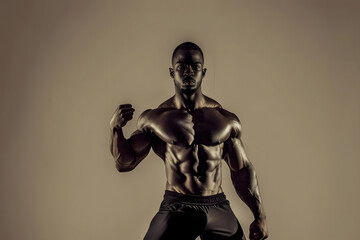 Fototapeta na wymiar Muskulöse Eleganz: Ein Bodybuilder präsentiert stolz seinen trainierten Oberkörper vor einem neutralen Hintergrund, ein Bild von Kraft, Ästhetik und Fitnessbewusstsein