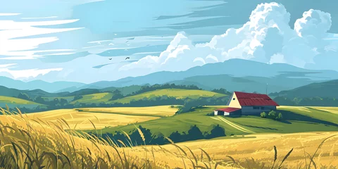 Fotobehang cute cartoon illustration of rural landscape banner © Sarah