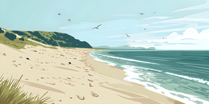 cute cartoon beach illustration of landscape banner
