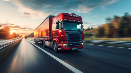 Fast moving freight liner truck on a highway. Motion blurred background. - obrazy, fototapety, plakaty