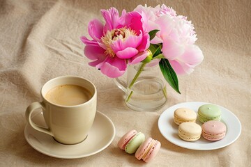 Fototapeta na wymiar A cup of coffee and some macaroons on a table.