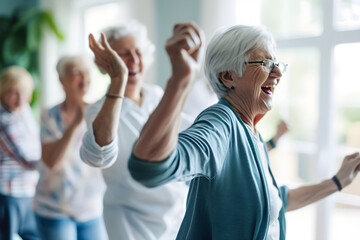 Candid capture of a joyful group of seniors showing vitality while dancing, highlights companionship and active lifestyle in retirement, reflecting the spirit of elderly - obrazy, fototapety, plakaty