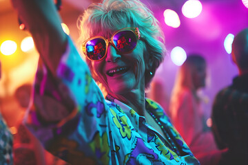 senior woman dancing in nightclub with neon lights enjoying an active retirement lifestyle