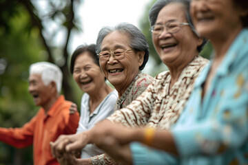 Obraz premium Candid capture of a joyful group of Asian seniors showing vitality while dancing, highlights companionship and active lifestyle in retirement, reflecting the spirit of elderly