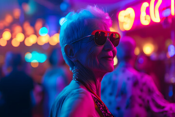 senior woman dancing in nightclub with neon lights enjoying an active retirement lifestyle - obrazy, fototapety, plakaty