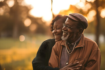 portrait of  senior retired black couple in park