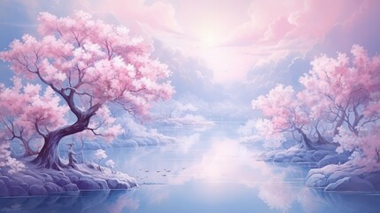 Illustration of a spring scene in a cherry blossom garden, a small river with calm water. Natural pink light beauty.