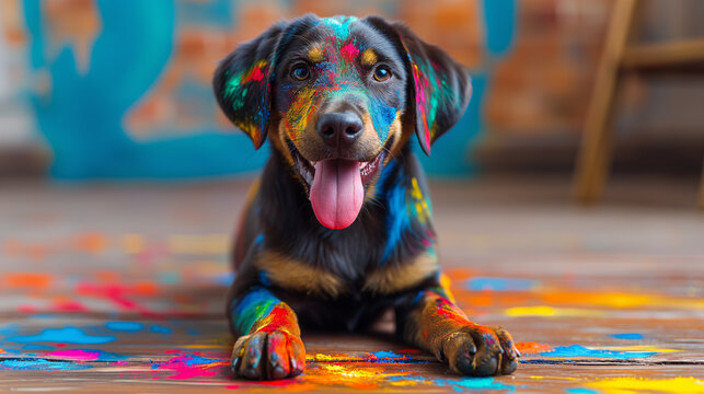 Black dog laying on ground, covered in splats of paint and happy.
