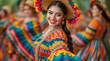 Fototapeta premium Woman in traditional Mexican colorful dress dancing at a festival.
