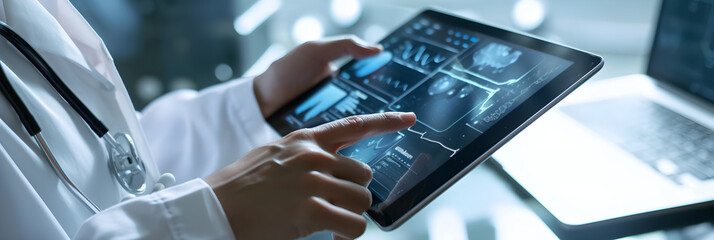 Medical technology, online health, global health network and tourism concept. Doctor using digital tablet and laptop computer, electronic medical record, internet network connection