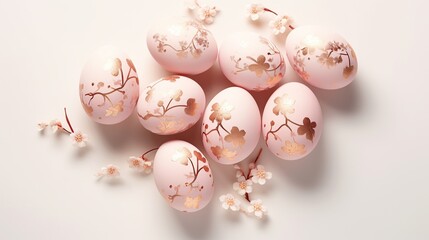 Gold and pink Easter egg decorations with spring flowers, Easter background concept