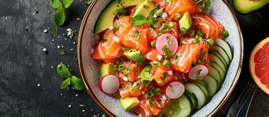 Healthy top view of homemade Chilean salmon ceviche with grapefruit, avocado, radish, onion, and mint.