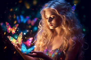Fototapeta premium A mystical scene of a woman surrounded by colorful, glowing butterflies in a dark, enchanted forest setting, evoking a sense of magic and wonder