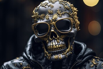 Chic allure: unveiling contemporary elegance of stylish skull with gold plating, modern luxurious decorative accent merging edgy design opulent glamour in a unique and fashion-forward statement piece.