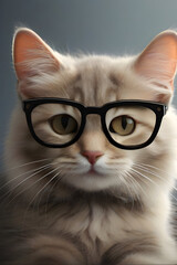 Portrait of beautiful cat with glasses on blurred background, closeup