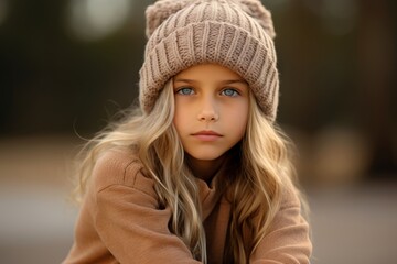 Portrait of a cute little girl in a brown coat and a knitted hat.