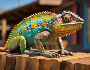 Fototapeta premium escultura de metal de camalón en acrílico, en el estilo de poca profundidad de campo, muralismo mexicano, más animal, esquemas de color realistas, pintura corporal intrincada, imagen uhd, caricatura 