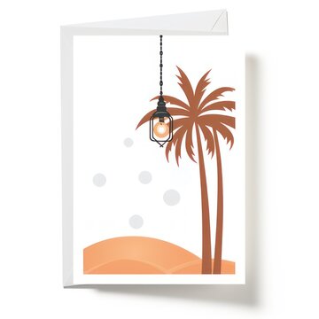 Illustration of a greeting card for Islamic holidays and the month of Ramadan, decorated with hanging lanterns and date palm leaves.
