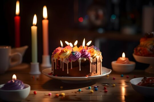 Colorful background with a cake and lit candles , .highly detailed,   cinematic shot   photo taken by sony   incredibly detailed, sharpen details   highly realistic   professional photography lighting