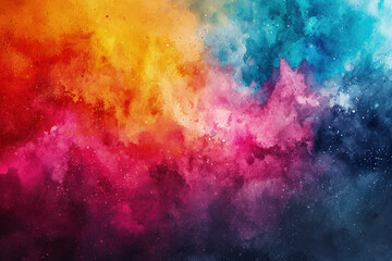 Splash of color paint, burst of multicolored watercolor, abstract colorful background. Pattern of bright festive explosion of powder like in Holi festival. Concept of spectrum, explode - obrazy, fototapety, plakaty