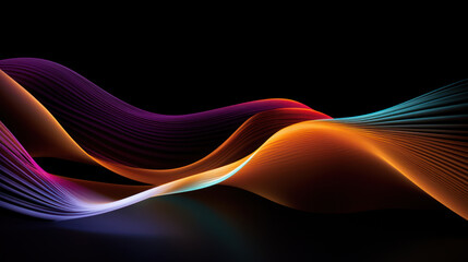 Glowing colored curve lines on black background, pattern of energy motion in dark digital space. Cyberspace with abstract multicolored waves of light. Concept of tech, spectrum, data