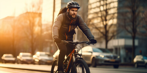 A young man riding a bicycle on a road in a city street. blurry city in the background. golden hour day time